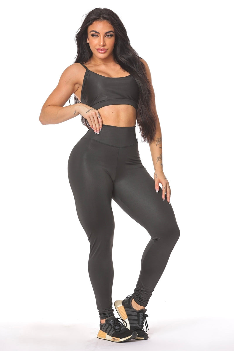 Conjunto Legging Empina Elástico com Top Básico Alça Suplex de Poliéster